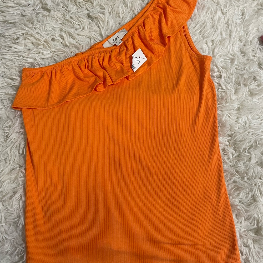LOFT Bright Orange Ruffle One-Shoulder Top